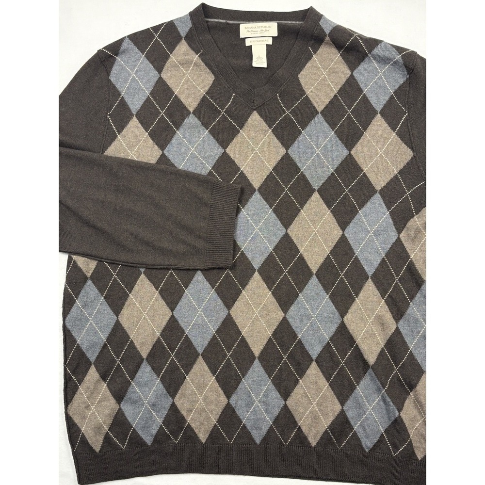 Lot of 2 Banana Republic Silk/Cashmere/Cot Sweater Brown Argyle & Navy/Black L
